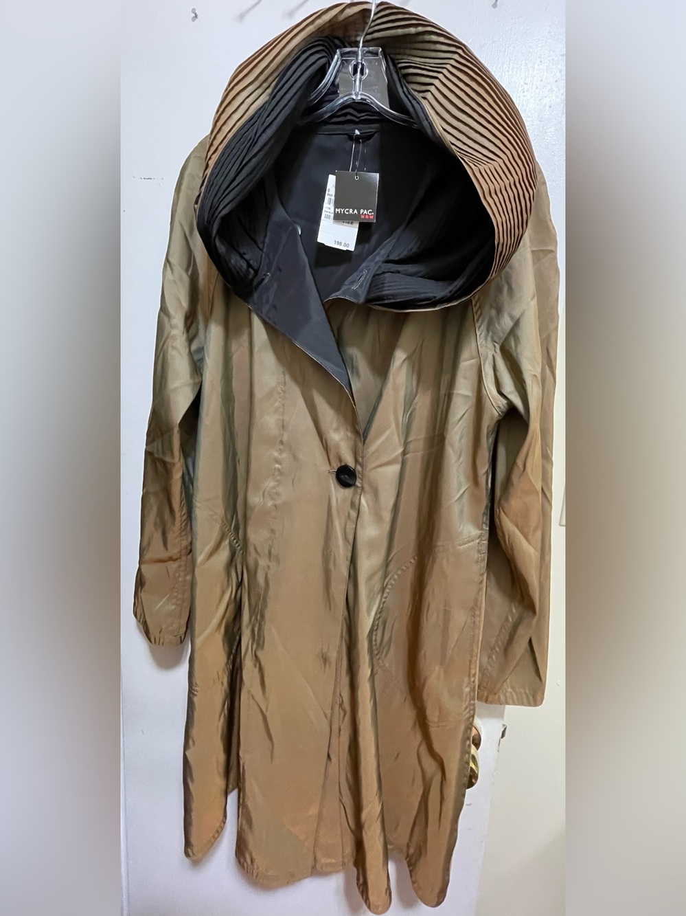 MYCRA PAC Donatella Pleat Hood Reversible Iridescent Oak/Black Raincoat Size O-P